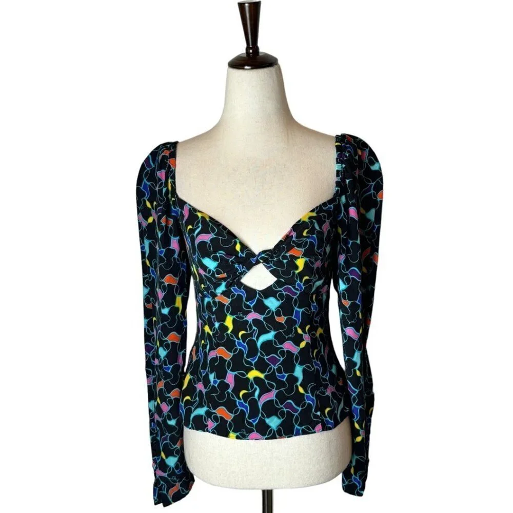 Staud‎ Josephine Top Women 6 Black Abstract Print Long Sleeve Sweetheart Neck